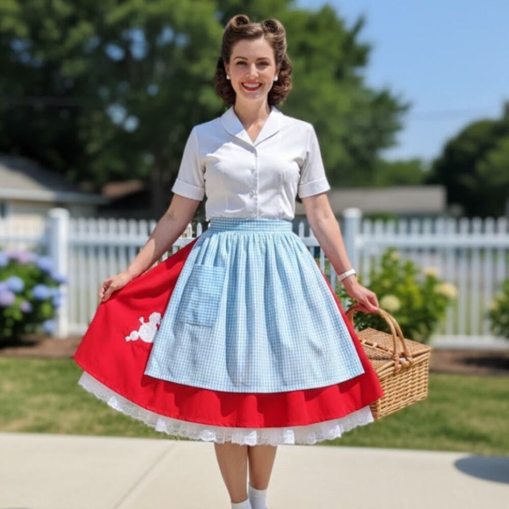 Vintage 50s Tie Waist Apron Cotton Blue Gingham Check Housewife Retro Farmhouse